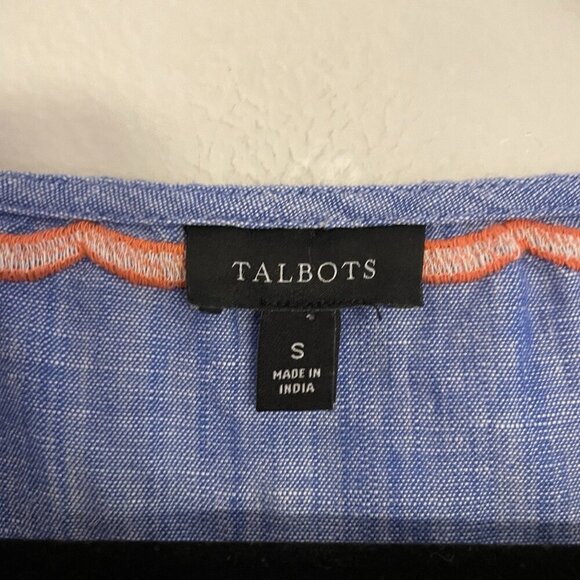 Talbots Women S Blue Linen Cotton Tropical Floral Embroidered Split Neck Top - Picture 9 of 11